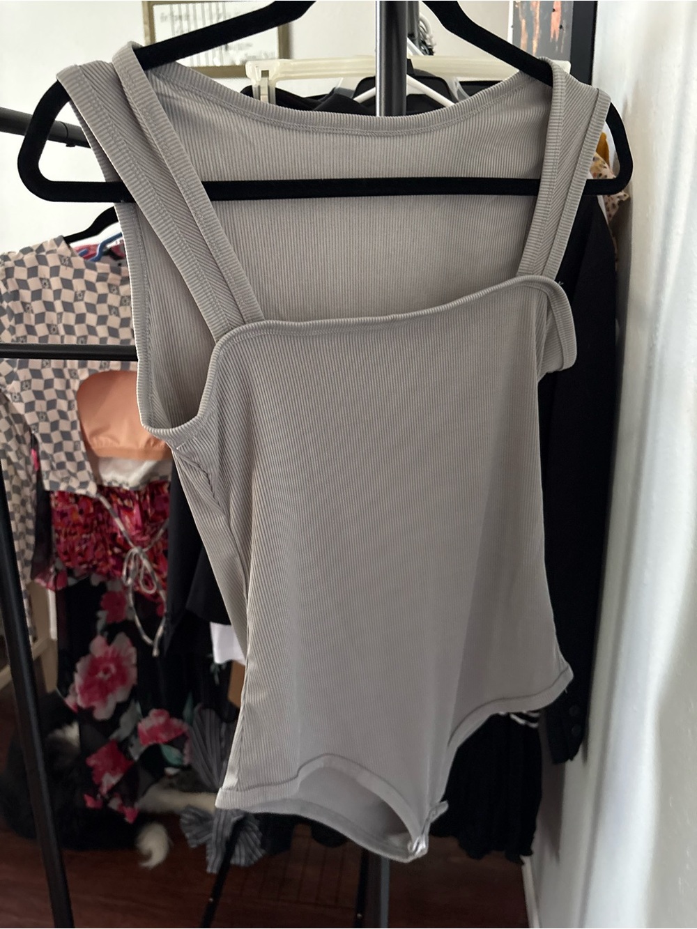 Ribbed Square-Neck Bodysuit - Light Gray and Cream.  Set of 2.  Fits like M.